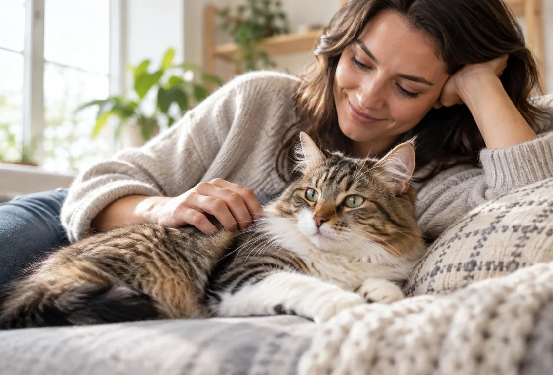Owner resting with a long-haired cat
