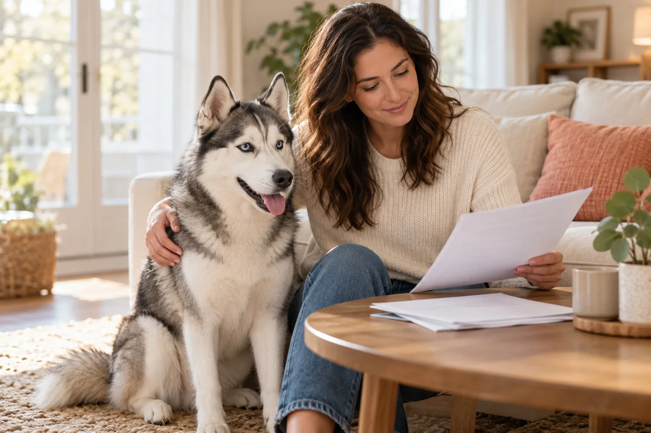 Owner reviewing documents beside a gray-and-white dog at home